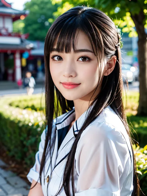 (8K, Raw photo, Best Quality, masutepiece:1.2), (Realistic, Photorealsitic:1.4), (Very detailed 8k wallpaper), Sharp Focus, depth of fields, blur backgroun, Bokeh,  Cinematic lighting, Soft light, Upper body, (17 year old cute Japanese woman)、Cute Idol,(de...