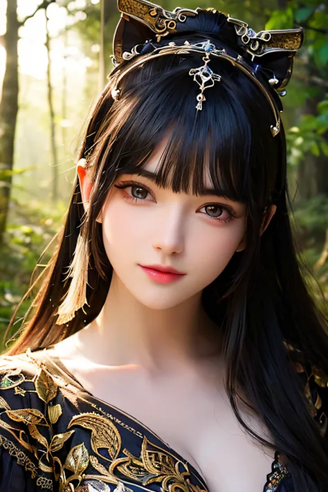 woman with a perfect face in a mythical forest, masterpiece, intricate details, raw photo, photo unp