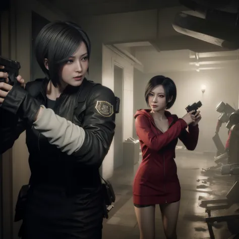 ada wong ,woman, wearing red hoody dress, bob hair, red polish, happy expression, look the other way