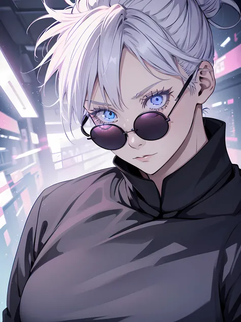 Woman, female version, feminine face, jujutsu kaisen, white hair, bun hair, white eyebrows, white eyelash, white eyelashes, detailed eyes, glowing eyes, light blue eye, galaxy eyes, wearing round sunglasses, wearing black shirt, black clothing, in school, ...