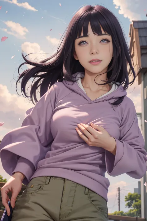 masterpiece, absurdres, hinata(boruto), 1girl, solo,mature female, purple hoodie,layered sleeves, brown pants,  outdoors,lavender flower field, looking at viewer, (falling petals), cloudy sky, perfect composition, detailed lips, big breast, beautiful face,...