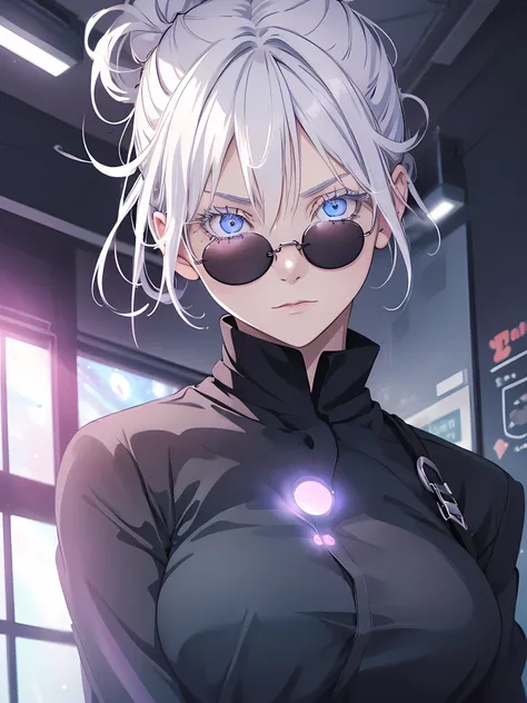 Woman, female version, white hair, bun hair, white eyebrows, white eyelash, white eyelashes, detailed eyes, glowing eyes, light blue eye, galaxy eyes, wearing round sunglasses, wearing black shirt, black clothing, in school, classroom background, high qual...