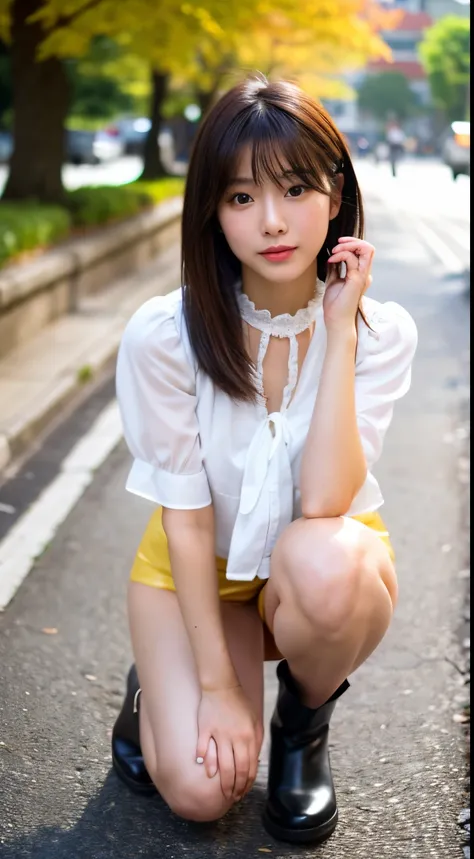 Best-quality, Masterpiece, Ultra-High-Resolution, (Photorealistic:1.4), Raw-Photo, Extremely-Details, Perfect-Anatomy, 1girl, 16-years-old, the most popular Japanese idol, at autumn street, full-body-shot, upturned ass, (wearing knee-high-boots, pleated-mi...