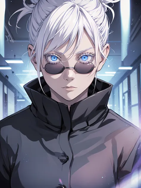 Woman, female version, jujutsu kaisen, white hair, bun hair, white eyebrows, white eyelash, white eyelashes, detailed eyes, glowing eyes, light blue eye, galaxy eyes, wearing round sunglasses, wearing black shirt, black clothing, in school, classroom backg...