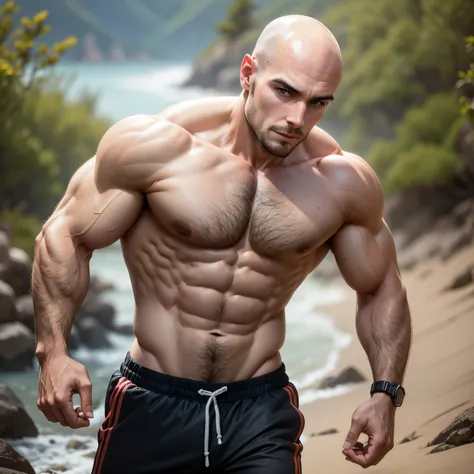 30 year old fitness man shirtless and bald hair, Shirtless muscles, --auto --s2