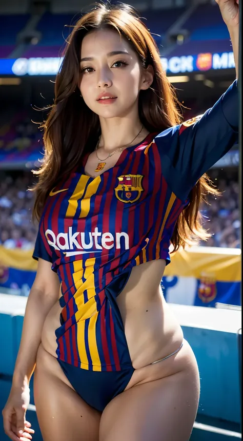 1girl, long hair, very pretty face, hairstyle, ((slutty Barcelona football jersey)), top and bikini, big breasts, big ass, (curvy), professional make-up, necklace, football stadium vacation, (cyberpunk), dynamic light , dynamic angle, (seductive poses), be...