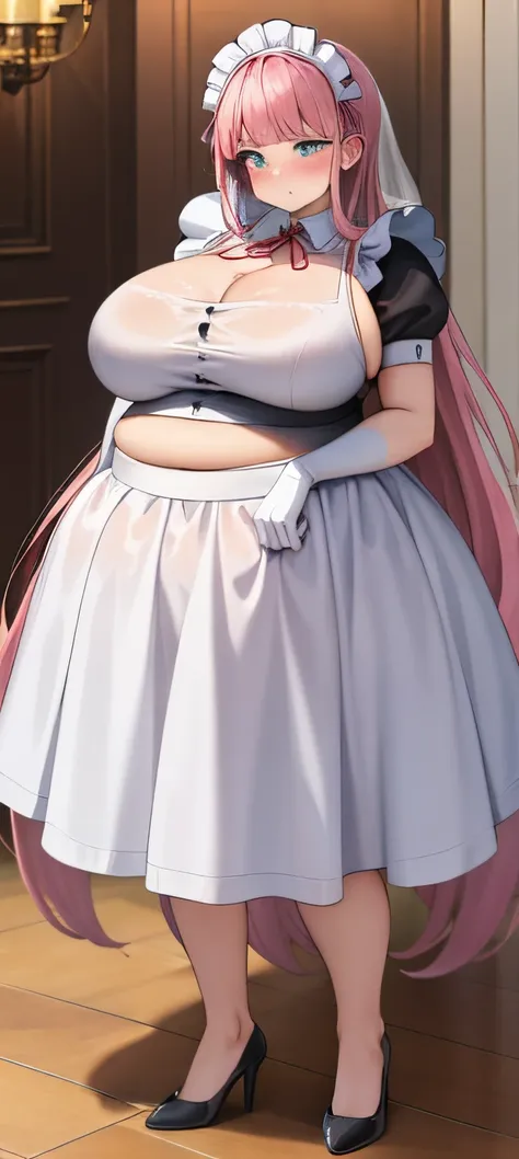 realistic, 1girl, pink hair, very long hair, wear bride veil, straight hair, blunt bangs, (beautiful eyes), blush, ((((white maid dress, fully clothed)))), ((big breast)), maid headband, white hand gloves, high heels, ribbon, night, indoor, staring at view...