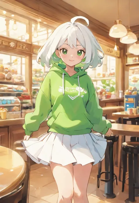 Pokémon: Ye Yibu is wearing a white skirt, A green sweatshirt,femminine，In the café