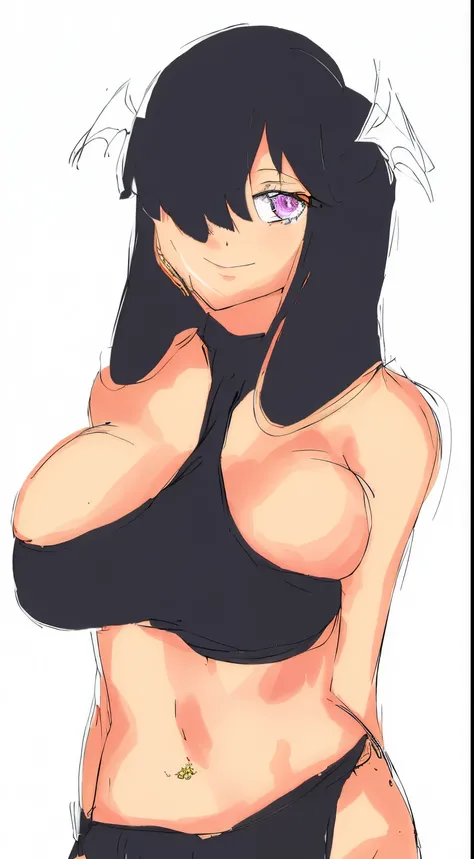 Chica anime con top negro y bragas con los brazos cruzados., senos laterales, Tu teta, por :5 sexy: 7, Anime Moe Artstyle, cel sombreado!!!, pecho esponjoso, Sombreado plano estilo anime, Estilo anime ecchi, CEL - Estilo de artee sombreado, Contornos grues...