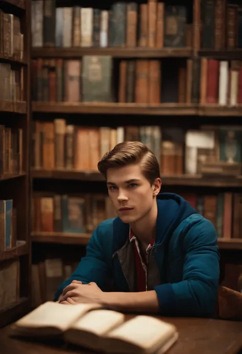 A photo of Nathan at a vintage book store, angrily flipping through a stack of books,Life is Strange video game series,Nathan is a teenage boy with blue eyes, slicked back light brown hair, light freckles, wears a red letterman jacket, mean expression