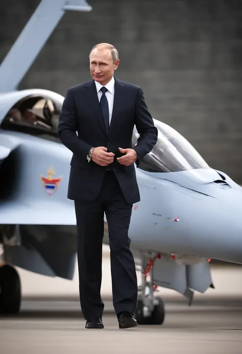 A photo of Putin inspecting a new state-of-the-art fighter jet,original,Vladimir Putin, the Russian President, presents a carefully crafted image: he is typically seen with a short, neat haircut and a lean, athletic physique, often dressed in suits that pr...