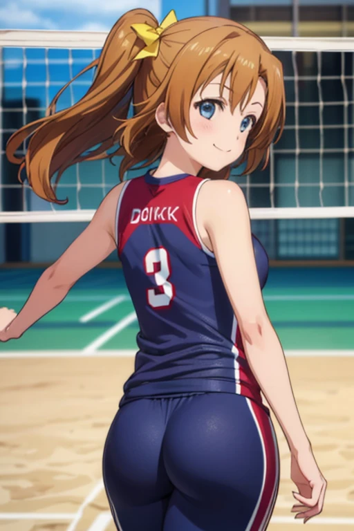 (((pixel-perfect, detail-perfect))), solo, 1girl, honoka kousaka, s,, smile,,small breast, highly detailed face, perfec face, running, volleyball suit,, shot from behind