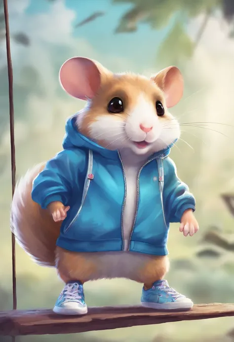 Cartoon hamster wearing blue jacket and sneakers，cute cartoon character, hamster, cute character,, Realistic illustration, cute artwork, high detailed cartoon, Lovely detailed artwork, hamster, arte renderizada, hyperdetailed crisp render,, cgartis