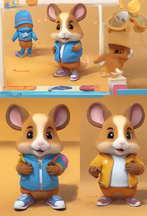 Cartoon hamster wearing blue jacket and sneakers，cute cartoon character, hamster, cute character,, Realistic illustration, cute artwork, high detailed cartoon, Lovely detailed artwork, hamster, arte renderizada, hyperdetailed crisp render,, cgartis