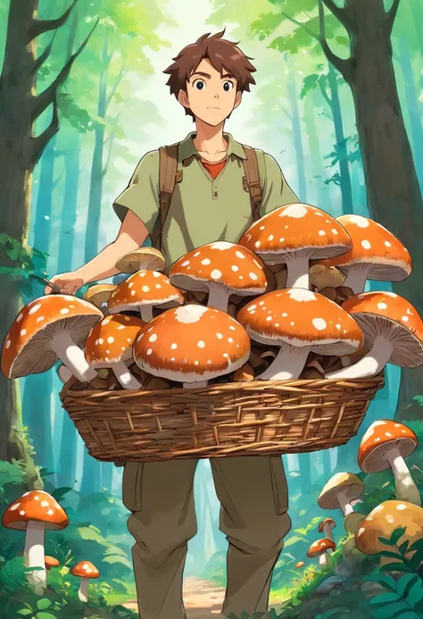 arafed man holding a basket of brown mushrooms in a forest, mycologist, brown mushroom on trees, kyle mclaughlin, ben watts, jeremy elbertson, made of mushrooms,  mushroom city, mushroom forest, shrooms, chris mcgrath, brett goldstein, 30 year old man