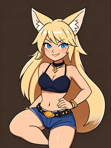 Blonde hair, blue eyes, 1girl, medium breasts, jewelry, long hair, necklace, solo, hair ornament, cleavage, sidelocks, bare shoulders, cloudy night, (dirty blond Fox ears:1.25), revealing clothes, crop top armor, short shorts armor, hair clip, looking at v...