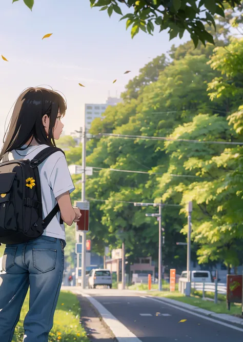 A girl in black tshirt and canvas shoes and backpack waiting at bus stop ,  vivid background,many leaves flying around, a long bypass road can be seen, City street with flowers , tall grass Bokeh effect in front --auto --s2