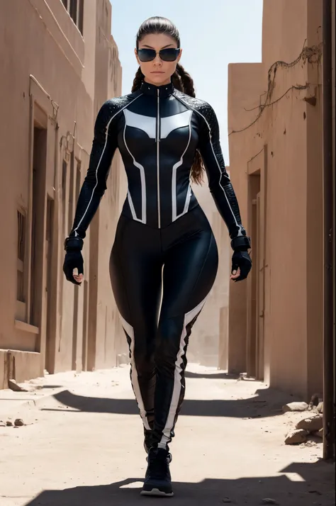 ALEXA DAVALOS AS A FIT SUPERHEROINE, BLACK WITH WHITE DETAILS, BODYSUIT, LONG SLEEVES, EXPOSED TIGHS, RUNNING TENIS, DARK SUNGLASSES, SPORT SUNGLASSES, BIKE SUNGLASSES, ATHLETIC BODY, MUSCLES, STRONG TIGHS, BRAIDED BLACK HAIR, REALISTIC PHOTOGRAPHY, MASTER...