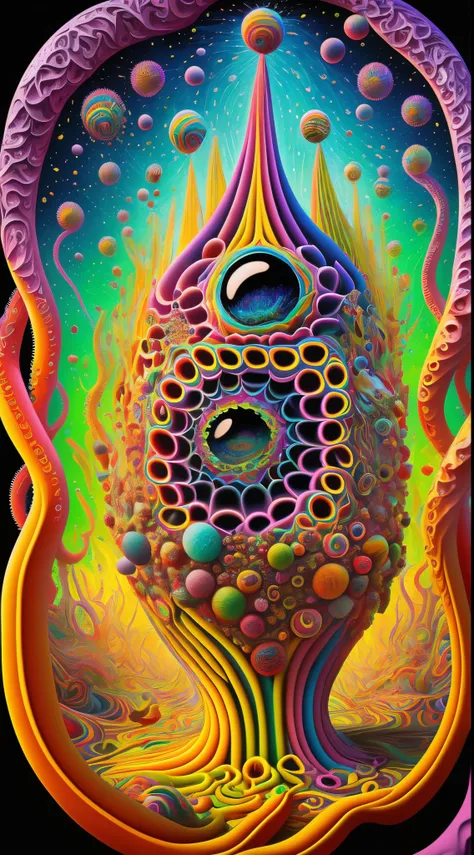 Poster oficial art ,de un objeto "vaso de precipitado", (visionary art, surrealistic,  digital painting, chromatic, psycodelic, visionary art, profundidad de campo advertising poster advertising movie poster, propaganda , tema:psycodelico_plastilina, es un...