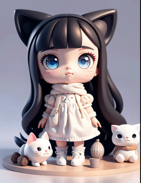 A cold little girl，Deep, big eyes，full bodyesbian，Delicate shoes，exquisite long hair，cat ear，Cute black and white clothes，Popmart blind box，Clay texture，clean backdrop，natural soft light，best qualtiy，hyper-detailing，arte 3D，c4d，OC renderer，3Drenderingof，