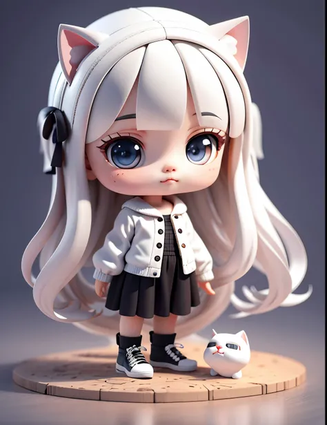 A cold little girl，Deep, big eyes，full bodyesbian，Delicate shoes，exquisite long hair，cat ear，Cute black and white clothes，Popmart blind box，Clay texture，clean backdrop，natural soft light，best qualtiy，hyper-detailing，arte 3D，c4d，OC renderer，3Drenderingof，