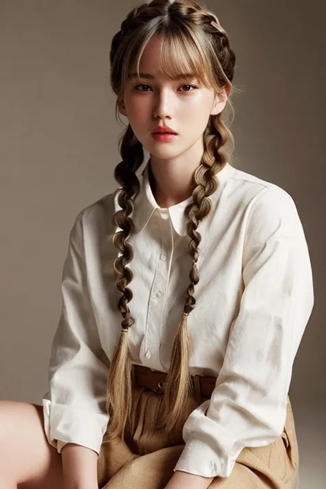 women are beige,20yr old、 White and brown hair、Pattsun bangs、Braid hair、Fashion Editorial