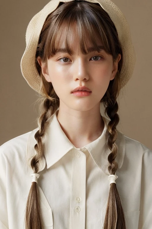 women are beige,20yr old、 White and brown hair、Pattsun bangs、Braid hair、Fashion Editorial