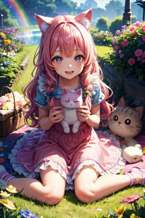 Top quality, high resolution, perfect human body structure, background focus, front view, rainbow hair, glowing hair, cat ears, flower garden for background, sitting, stuffed cat, picnic, fun, jumping, heart shaped pupils , wavy hair, shiny hair, smiling, ...