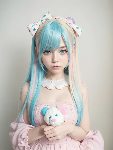 blond and blue haired girl holding a teddy bear in her hands, kawaii realistic portrait, belle delphine, anime inspired, anime style mixed with fujifilm, anime girl cosplay, anime cosplay, anime styled, kawaii hairstyle, dollfie dream, wig, anime girl in r...