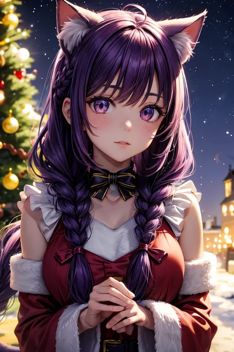 Top quality, high resolution, perfect human structure, background focus, front view, purple hair, glowing hair, cat ears, french braid, crazy eyes, Santa costume, tree, night sky