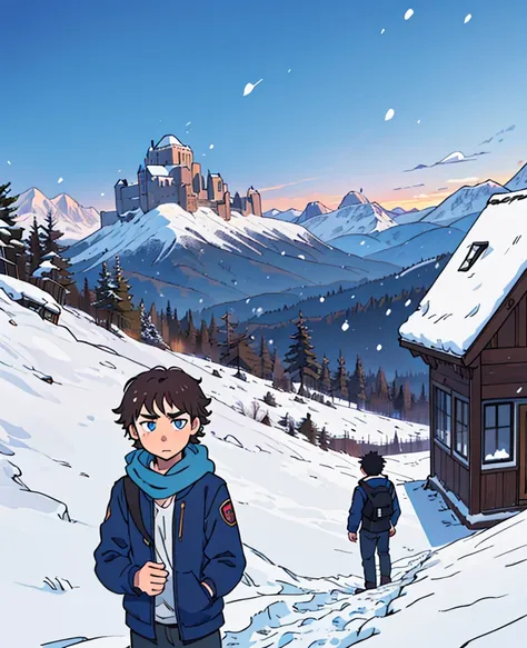 young adult boy, brown short curly hair, anime style, character depiction, castle, magic, mountains, snow, winter clothes, blue eyes, attractive