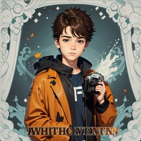 A boy in autumn clothes holds a camera in his hand，poster for，18 year old face，waterface，Cartoonish