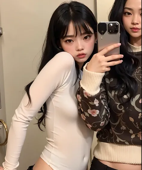 There are two women taking a selfie in a bathroom., Traje de ropa ajustado blanco liso, Blackpink Jennie, Gemma Chen, Xision Wu, Ella tiene el pelo negro con flequillo, Wenfei Ye, JIA, en ropa blanca, Lulu Chen, en camisa blanca de cuello alto, Heonhwa Cho...