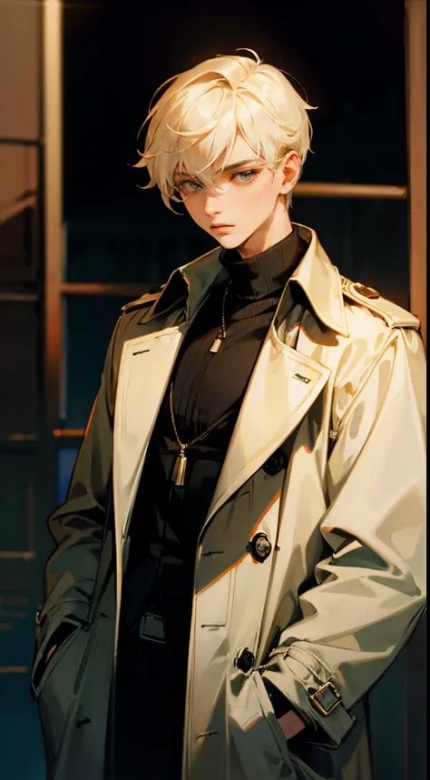 beautiful young boy, ivory trench coat, Night, black ribbed turtleneck, Anime-like faces