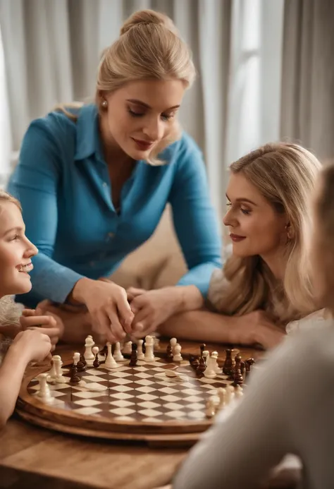 A photo of a family game night with classic board games and snacks on the table.,original,Long blonde hair, blue eyes, thin, a lot of makeup, tries to look younger than she is, likes beige clothes, modest clothes