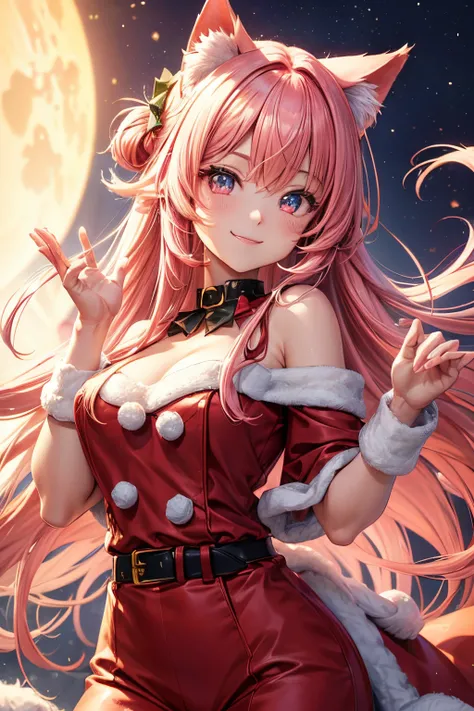 Top quality, high resolution, perfect human structure, figure focus, front view, glowing hair, glowing eyes, cat ears, pink hair, long, Santa costume, overall angle, happy smiling gradient eyes, swept bangs,