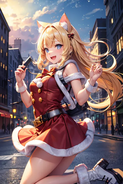 Top quality, high resolution, perfect human structure, background focus, front view, shiny hair, cat ears, blonde hair, short cut, Santa costume, happy laugh, JUMP, city, gradient eyes, swept bangs,