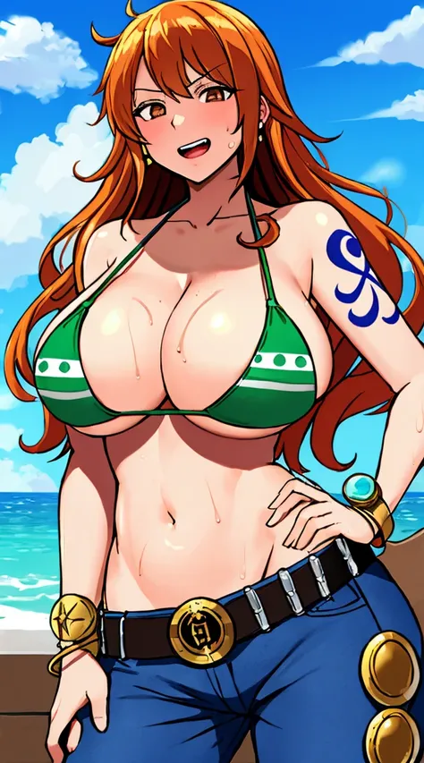 nami (one piece), 1girl, bangle, bangs, bare shoulders, belt, bikini, bikini top only, bracelet, breasts, brown eyes, bubble, cleavage, denim, earrings, floating hair, green belt, green bikini, groin, jeans, jewelry, (large breasts:1.9), (big breast:1.3), ...