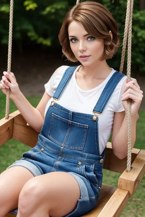 Petite 30 year old woman with golden brown hair in a short undercut bob with hair covering one eye and blue eyes wearing eye liner, pink lips, wearing a dungaree, detailed face, sitting on a swing outside