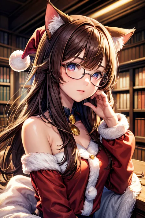 Top quality, high resolution, perfect human structure, background focus, front view, glowing hair, cat ears, brown hair, bobbed hair, glasses, gradient eyes, swept bangs, Santa costume, library,