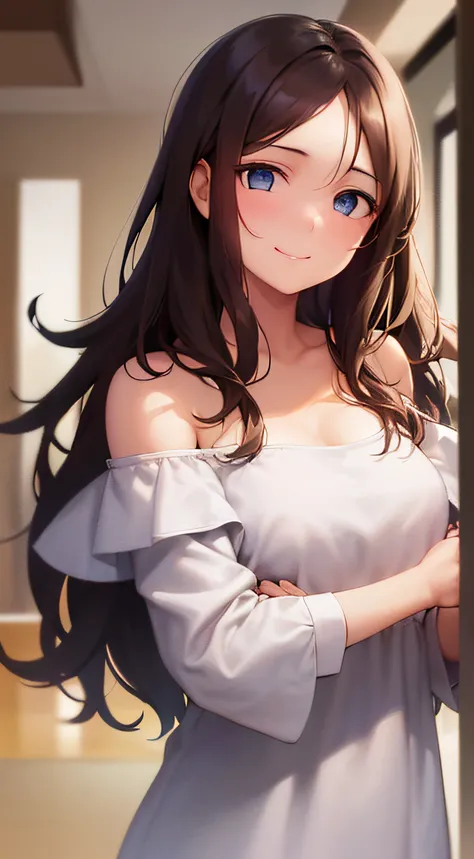 ​masterpiece、top-quality、25 year old woman with long brown hair and blue eyes、White off-shoulder blouse、Hands raised、(A shy and gentle smile:1.3)、(Staring:1.5)、(Close-up of the subjects face:1.3)、The background is the living room of an apartment at night.、...