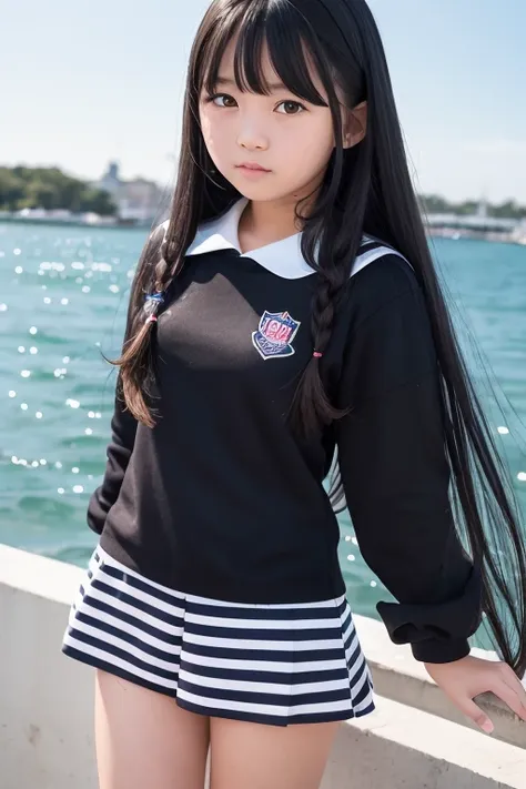 a 14-year-old junior high school girl with long black hair wearing a sailor suit..