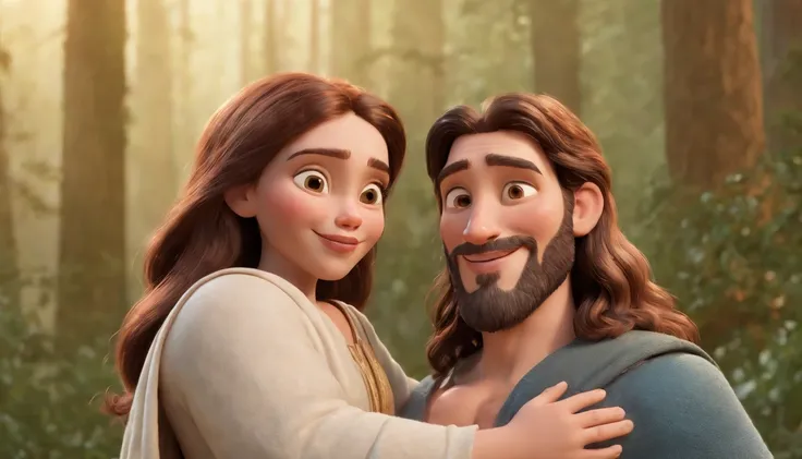 a cartoon of biblical jesus happily hugging and welcoming a man into heaven, a very beautiful place in heaven, beautiful tress, lions and tigers, animated film, 3 d animated movie, animated still, animated movie, inspired by Johannes Helgeson, jesus wasted...