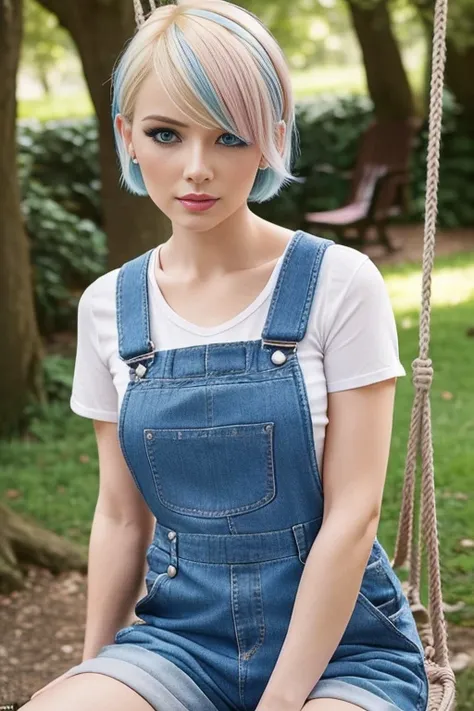 Petite 30 year old woman with blonde and blue hair in a short undercut bob with hair covering one eye and blue eyes wearing eye liner, pink lips, wearing a dungaree, detailed face, sitting on a swing outside