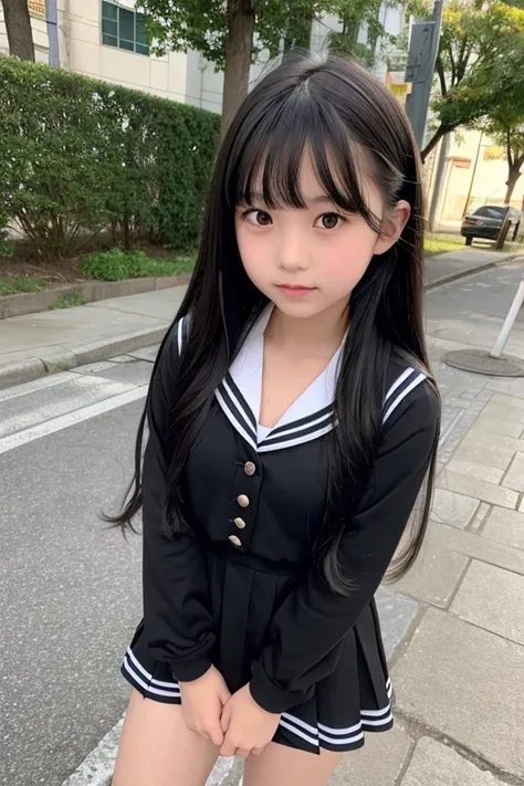 A 14-year-old junior high school girl with long black hair wearing a sailor suit..