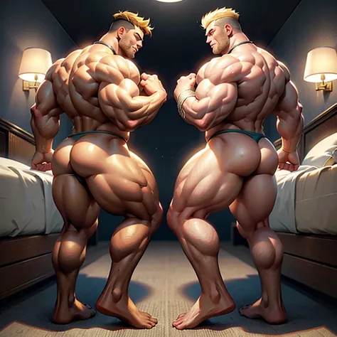 Full body picture, side view, two very big strong bodybuilder college guys, handsome bulky young guy, very strong legs and arms, wide shoulders, blond hair with short taper haircut, very big large long , one a meter taller than the other one, having sex on...