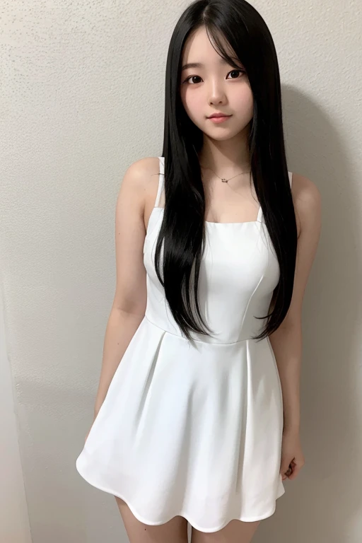 A 16-year-old high school girl with long black hair wearing a white dress..