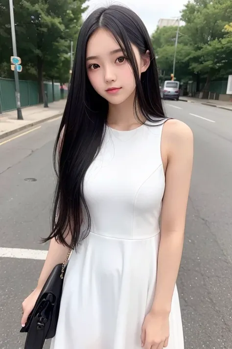 A 16-year-old high school girl with long black hair wearing a white dress..