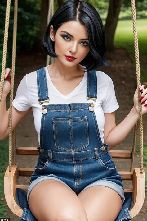 Petite 30 year old woman with golden black hair in a short undercut bob with hair covering one eye and blue eyes wearing eye liner, red lips, wearing a dungaree, detailed face, sitting on a swing outside