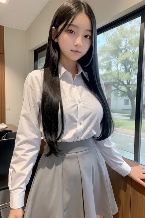 A 16-year-old high school girl with long black hair wearing a dress shirt